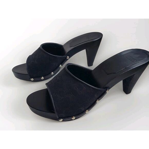 COACH Brenda Womens Shoe Sandal Sz 7 Wood Heel Black Metal Signature Logo A0871 - Picture 8 of 12